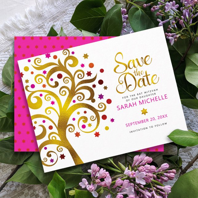 Bat Mitzvah Chic Gold Pink & Red Foil Tree of Life Save The Date (Creator Uploaded)