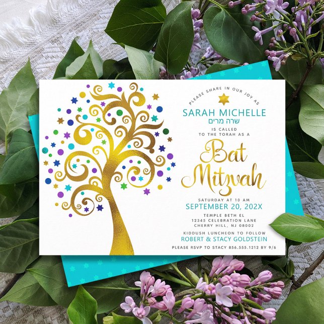 Bat Mitzvah Chic Turquoise Gold Foil Tree of Life Invitation (Creator Uploaded)