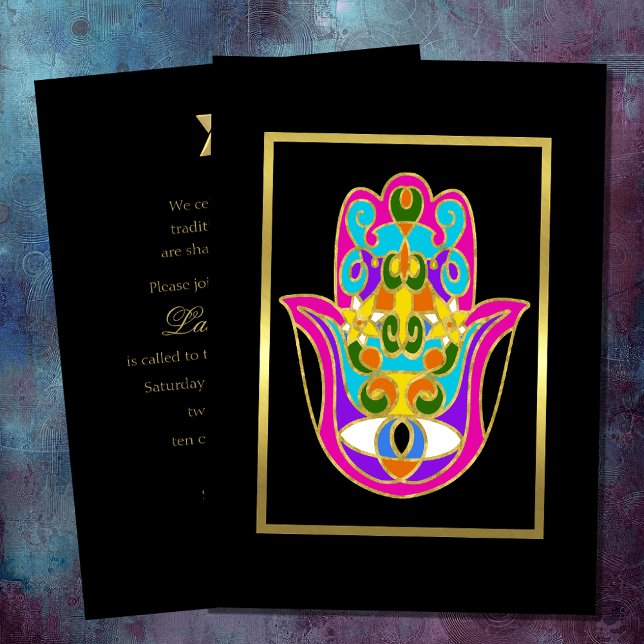 Bat Mitzvah Coloful Hamsa with Gold Trim Invitation (Creator Uploaded)