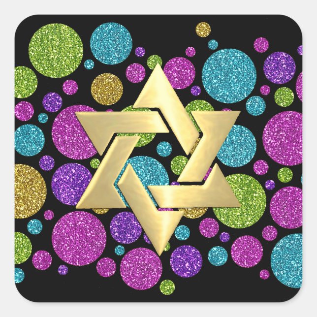Bat Mitzvah Colourful Glittery Dots on Any Colour Square Sticker (Front)