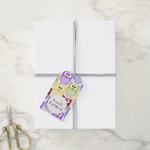 Bat Mitzvah - Colourful Owls - Green Blue Purple Gift Tags