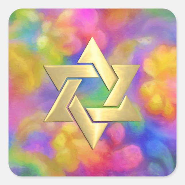Bat Mitzvah Colourful Painted Damask Gold Star Square Sticker (Front)
