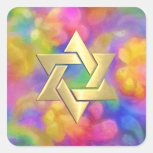 Bat Mitzvah Colourful Painted Damask Gold Star Square Sticker