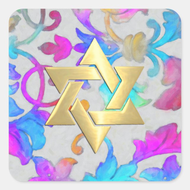 Bat Mitzvah Colourful Painted Damask Pink Turquois Square Sticker (Front)