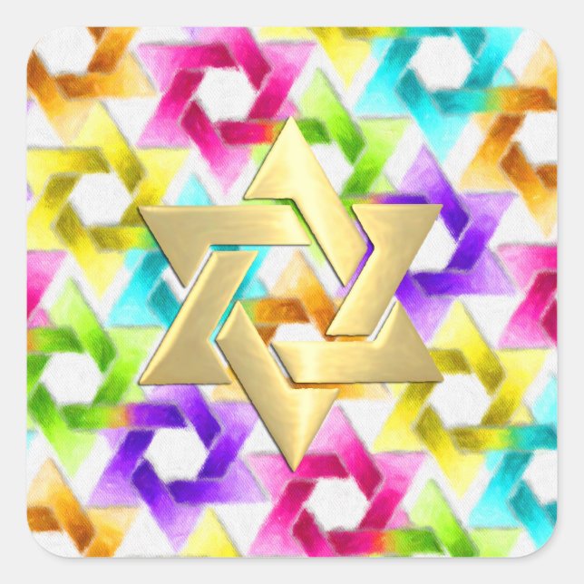 Bat Mitzvah Colourful Star Damask Square Sticker (Front)