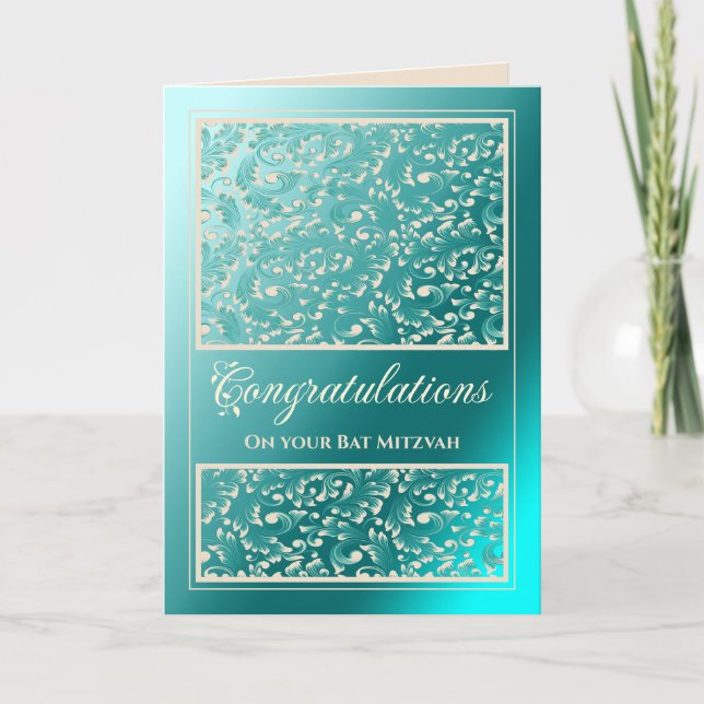 Bat Mitzvah Congratulations Damask Teal Card (Front)