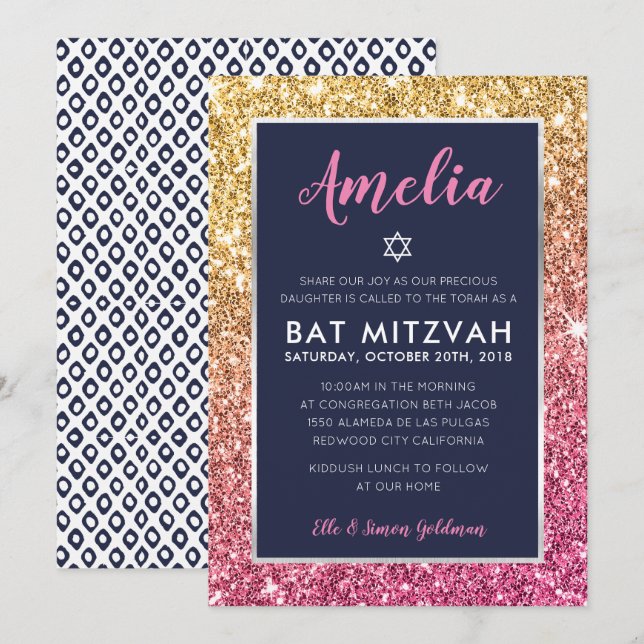 BAT MITZVAH cool navy pink gold glitter invite (Front/Back)