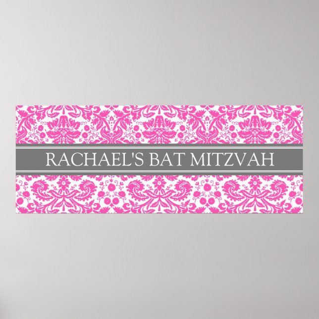Bat Mitzvah Custom Name Banner Pink Damask Poster (Front)