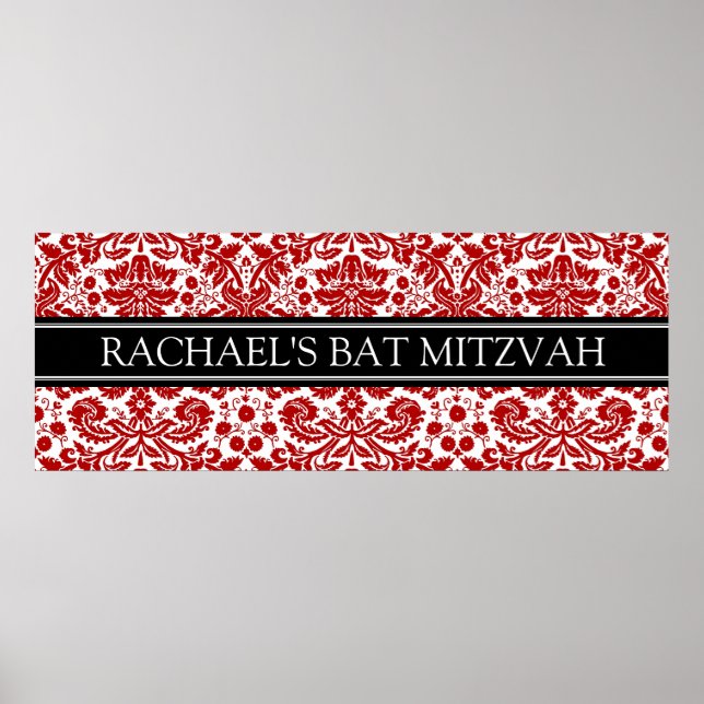Bat Mitzvah Custom Name Banner Red Damask Poster (Front)