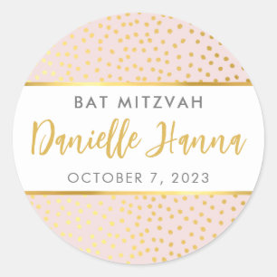 Bat Mitzvah cute blush pink gold polka dots Classic Round Sticker