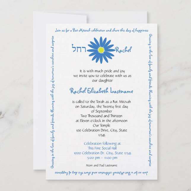 Bat Mitzvah Delightful Daisy Message Text Blue Invitation (Front)