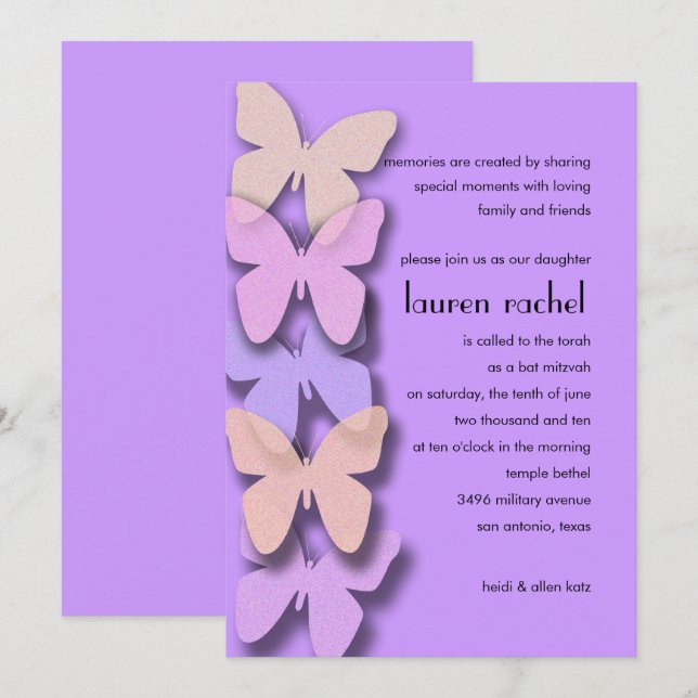 Bat Mitzvah Dimensional Butterfly Border Purple Invitation (Front/Back)