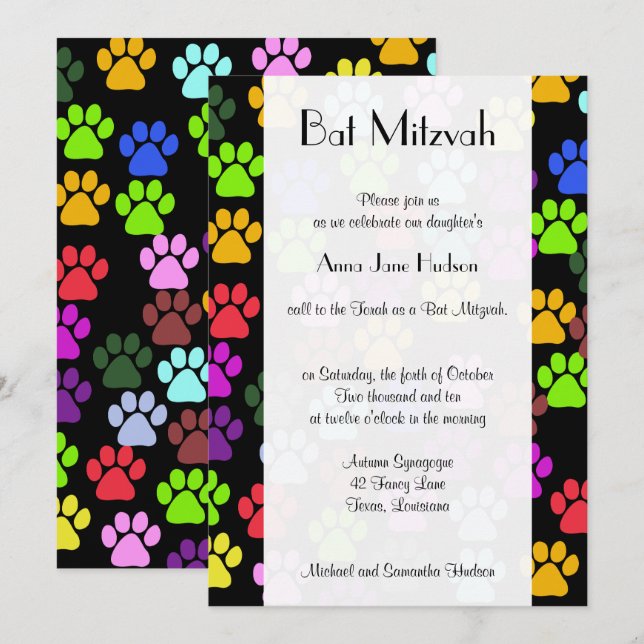 Bat Mitzvah - Dog Paws, Paw-prints - Blue Green Invitation (Front/Back)
