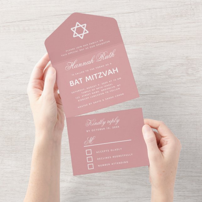 Bat Mitzvah Dusty Rose Pink Simple Calligraphy All In One Invitation (Tearaway)