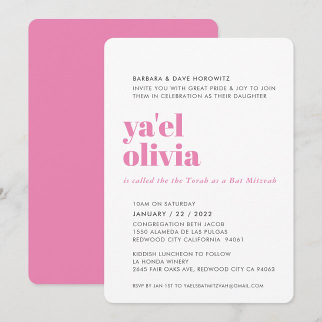 BAT MITZVAH easy modern minimal pink grey Invitation (Front/Back)