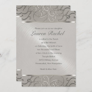 Bat Mitzvah Elegant All Silver Filigree Swirls Invitation