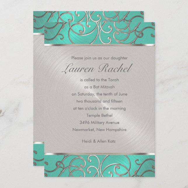 Bat Mitzvah Elegant Aqua Green Silver Filigree Invitation (Front/Back)
