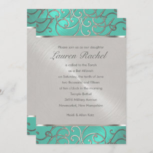Bat Mitzvah Elegant Aqua Green Silver Filigree Invitation