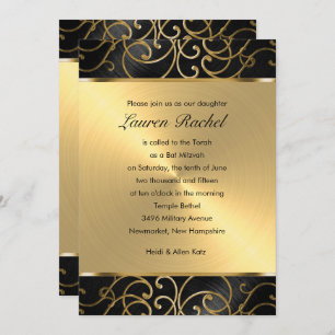 Bat Mitzvah Elegant Black and Gold Filigree Invitation