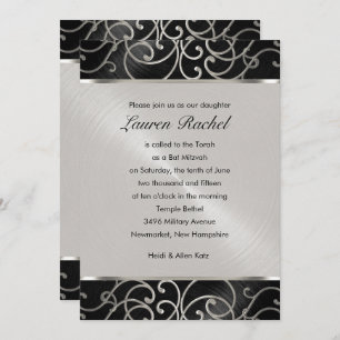 Bat Mitzvah Elegant Black and Silver Filigree Invitation
