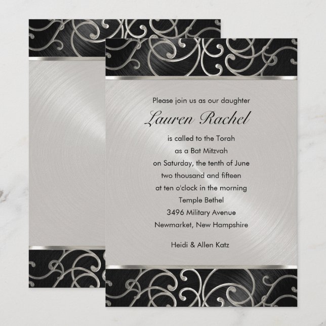 Bat Mitzvah Elegant Black and Silver Filigree Invitation (Front/Back)