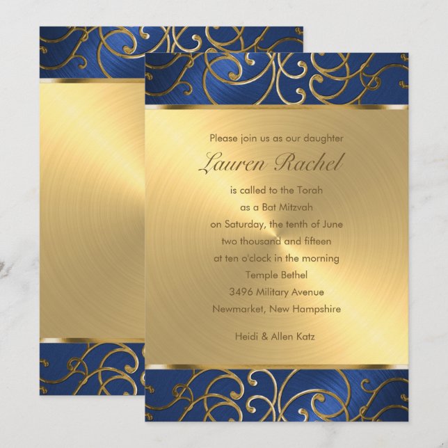 Bat Mitzvah Elegant Blue and Gold Filigree Invitation (Front/Back)