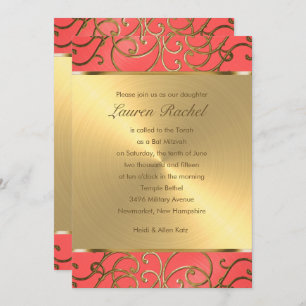 Bat Mitzvah Elegant Coral and Gold Filigree Invitation