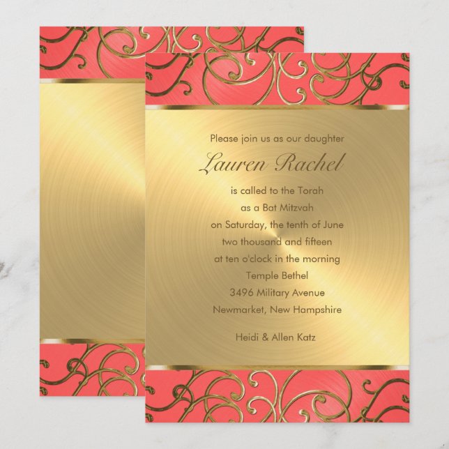 Bat Mitzvah Elegant Coral and Gold Filigree Invitation (Front/Back)