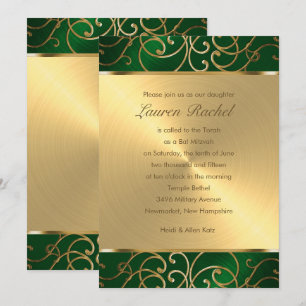 Bat Mitzvah Elegant Emerald Green Gold Filigree Invitation