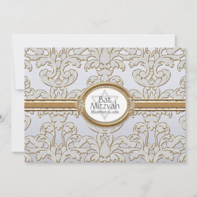Bat Mitzvah - Elegant Floral Leaf Damask Baroque Invitation (Front)