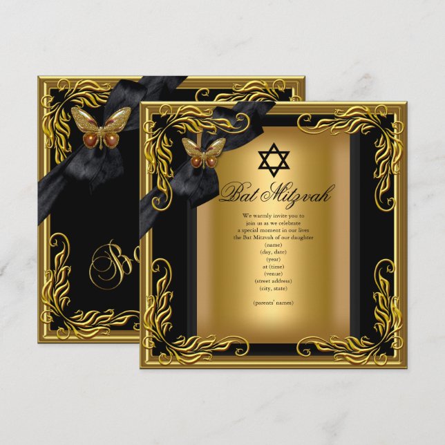 Bat Mitzvah Elegant Gold Black Butterfly Invitation (Front/Back)
