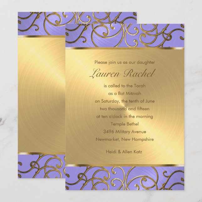 Bat Mitzvah Elegant Lavender Purple Gold Filigree Invitation (Front/Back)