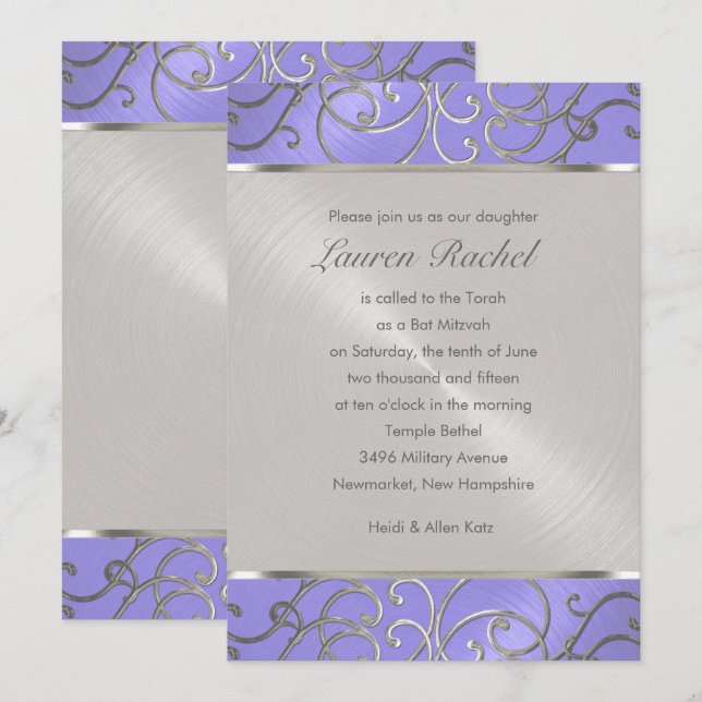 Bat Mitzvah Elegant Lavender Purple Silver Filigre Invitation (Front/Back)
