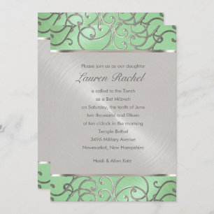 Bat Mitzvah Elegant Mint Green Silver Filigree Invitation