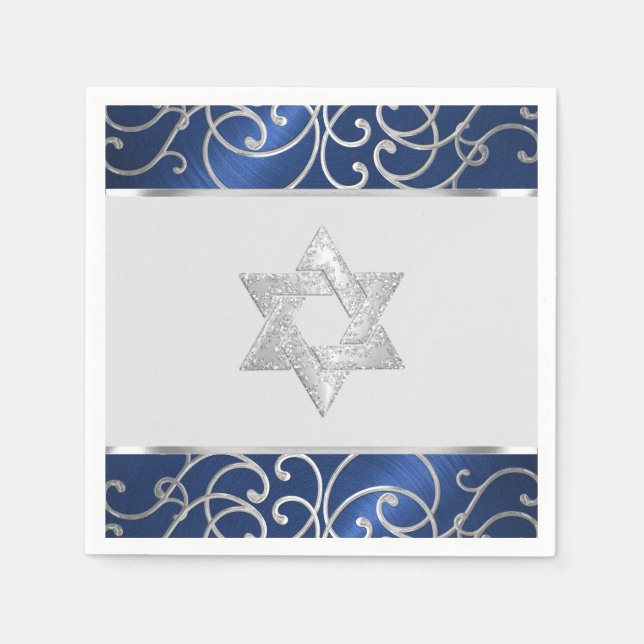 Bat Mitzvah Elegant Navy Blue and Silver Filigree Napkin (Front)
