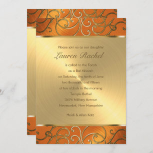 Bat Mitzvah Elegant Orange and Gold Filigree Invitation