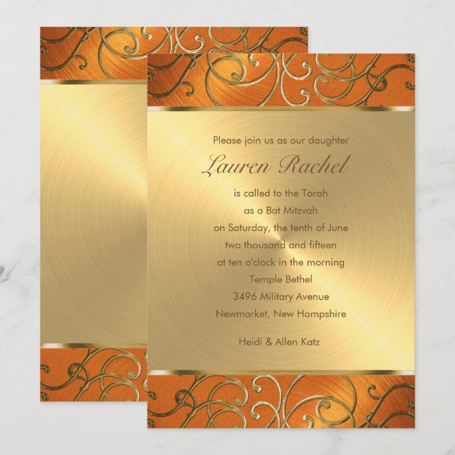 Bat Mitzvah Elegant Orange and Gold Filigree Invitation (Front/Back)