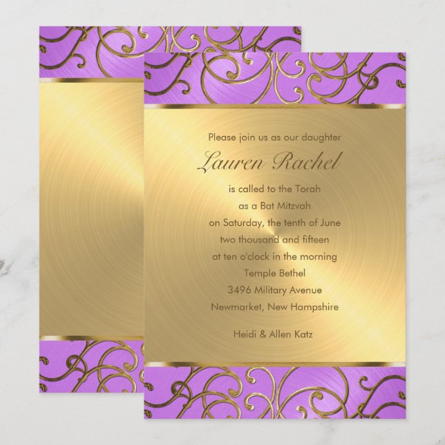 Bat Mitzvah Elegant Orchid Purple Gold Filigree Invitation (Front/Back)