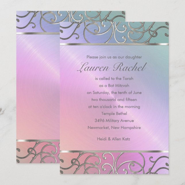 Bat Mitzvah Elegant Pearl Pink Silver Filigree Invitation (Front/Back)