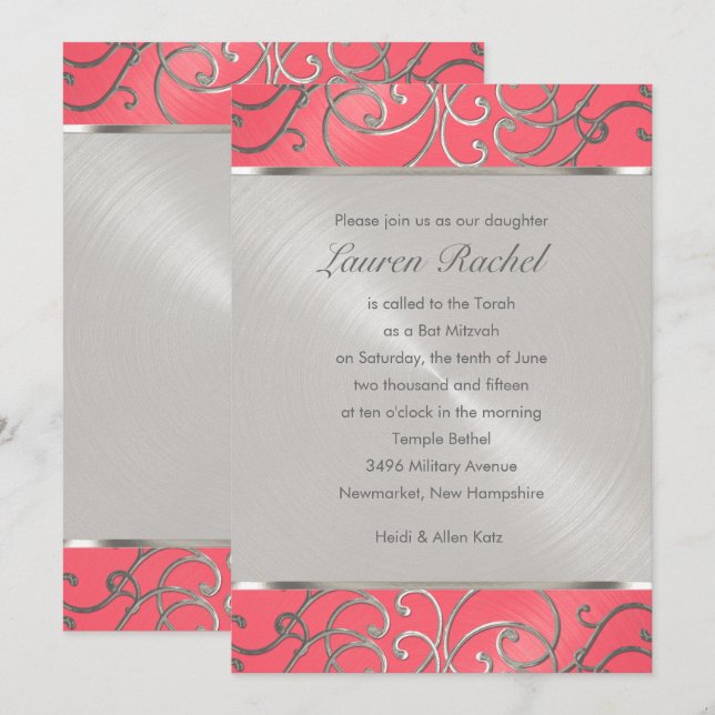 Bat Mitzvah Elegant Pink and Silver Filigree Invitation (Front/Back)