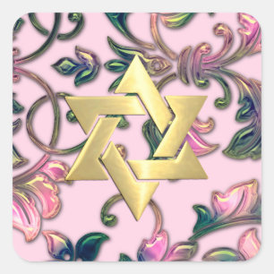 Bat Mitzvah Elegant Pink Navy and Green Damask Square Sticker