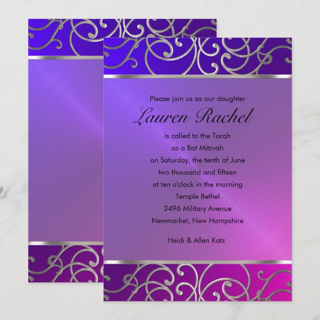 Bat Mitzvah Elegant Pink Purple Silver Filigree Invitation (Front/Back)