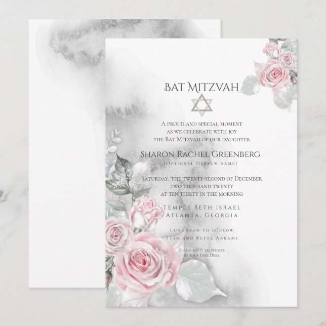 BAT MITZVAH  |  Elegant Pink Watercolor Roses Invitation (Front/Back)