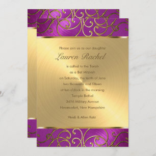 Bat Mitzvah Elegant Raspberry Pink Gold Filigree Invitation
