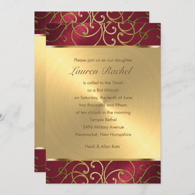 Bat Mitzvah Elegant Red and Gold Filigree Invitation (Front/Back)