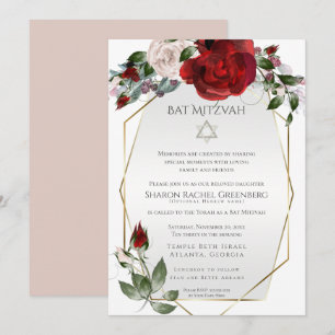 Bat Mitzvah Elegant Scarlet Red and Blush Roses Announcement