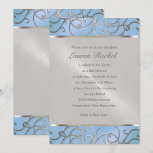 Bat Mitzvah Elegant Sky Blue and Silver Filigree Invitation