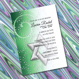 Bat Mitzvah Emerald Green Shimmer Star of David Invitation