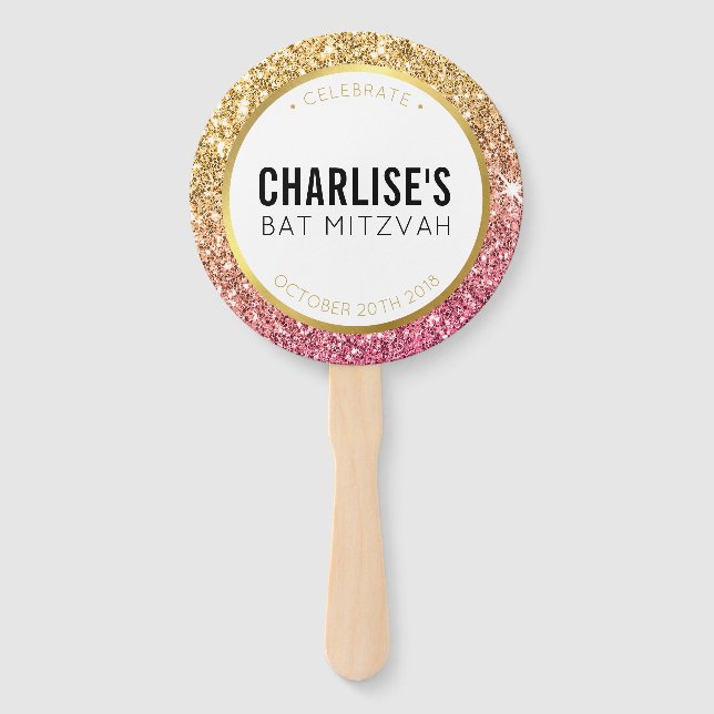 BAT MITZVAH FAN selfie glitzy gold pink glitter (Front)