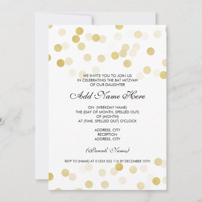 Bat Mitzvah Faux Gold Foil Glitter Lights Invitation (Front)